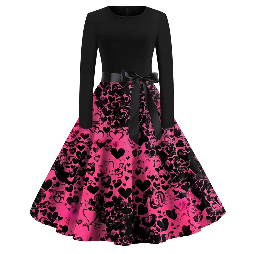 Women's Printed Round Neck Big Hem  Skirt Pleated Skirt Long Sleeved Dress Dress