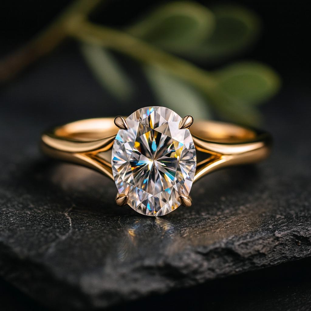 Oval Cut Cubic Zirconia Ring – Yellow Gold Plated Solitaire, Pave Split Shank, Engagement, Wedding, Promise, Anniversary Gift