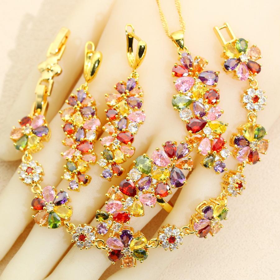 Luxury Multicolor Crystal Gold Plated Jewelry Sets Earrings Necklace Pendant Ring Bracelet Jewellry For Women Wedding Gift