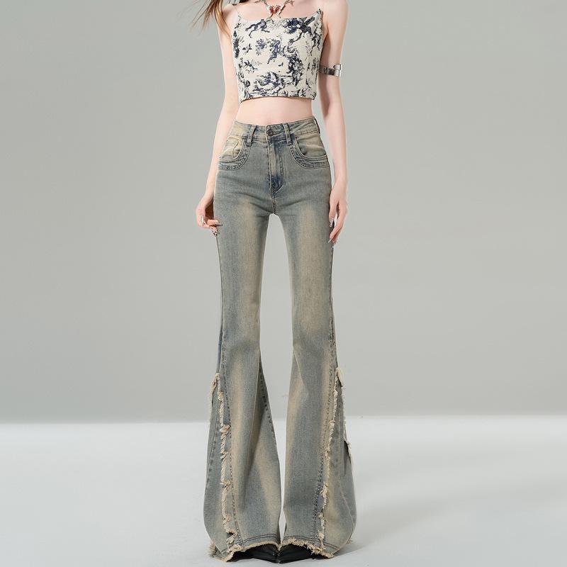 

Women s Retro Blue High-Waisted Frayed Micro-Flare Jeans - Plus Size, Versatile, Slim-Fit, Floor-Length. 4XL