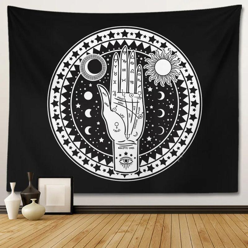 Witchcraft Palm Moon Flower Star Tapestry Black and White Retro Wall Hanging Bedroom Dormitory Home Decoration