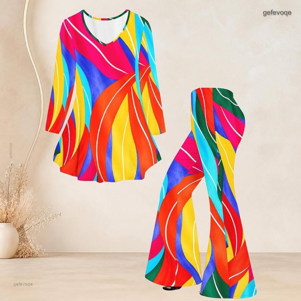 Women Plus Size White Navy Blue Printed V Neck Three Quarter Sleeve Flared Top Flared Pants Two Piece Set