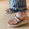 2025 new holiday style straw woven mesh bag head sandals women's niche leisure word with slope heel thick bottom cool slippers