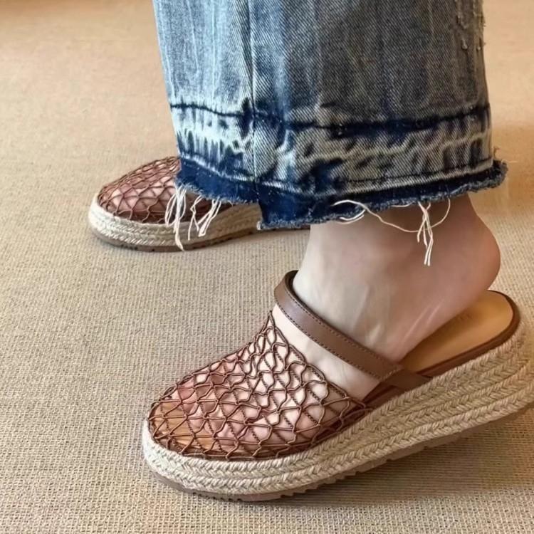 2025 new holiday style straw woven mesh bag head sandals women's niche leisure word with slope heel thick bottom cool slippers