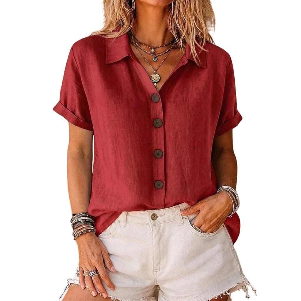 Women's Summer Button Down Shirt Short Sleeve V Neck Collared Blouse Casual Lightweight Solid Color Top