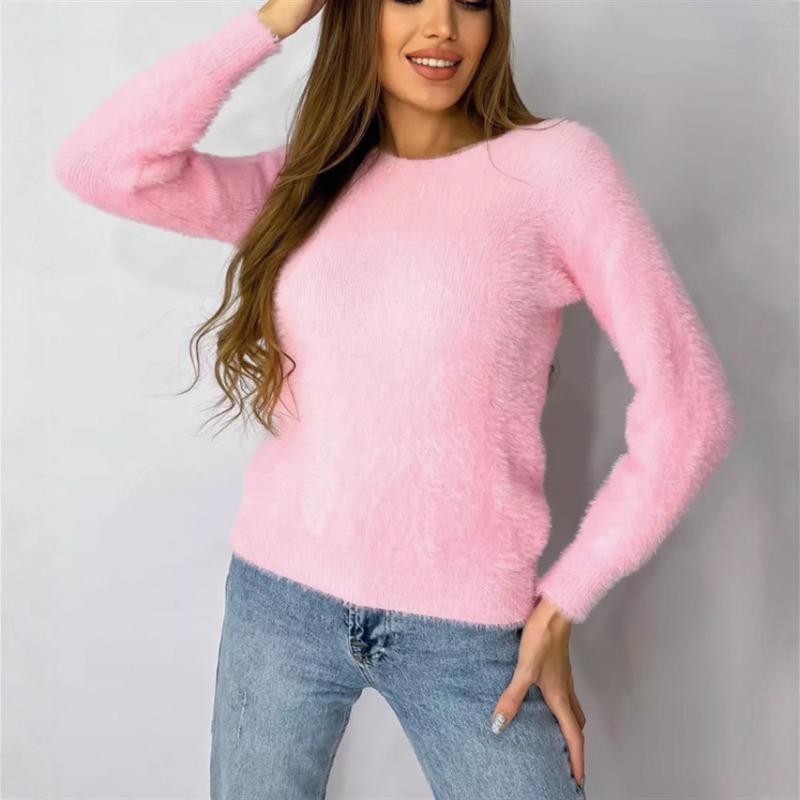 New Plush Pullover Solid Color Long Sleeve Large Size Round Neck Imitation Mink Knitted Sweater Women