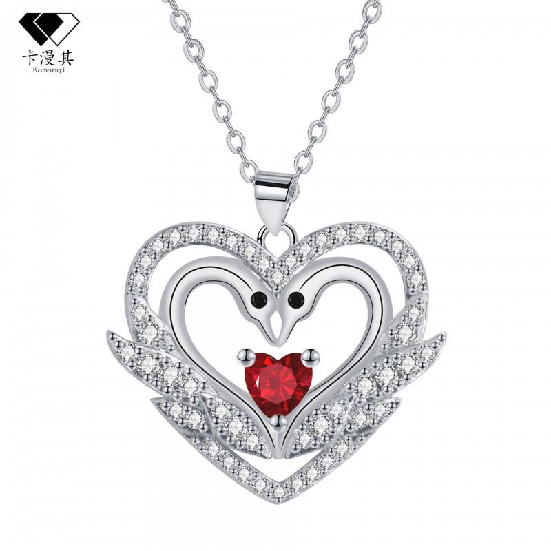 Elegant Swan Heart Pendant Necklace Women Rhinestone-Embellished Silver-Tone Cross Chain 41-50cm Adjustable Length Silver