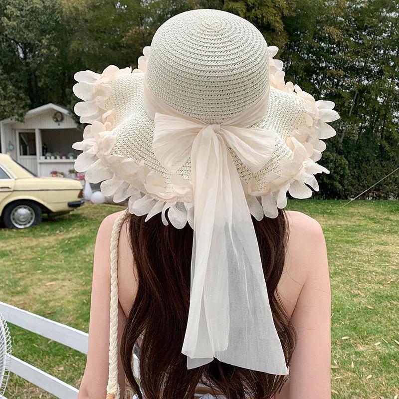Summer Bow Sun Hat Female, Seaside Beach Vacation Sun Hat Outdoor Big Brim Sun Hat Sweet Straw Hat