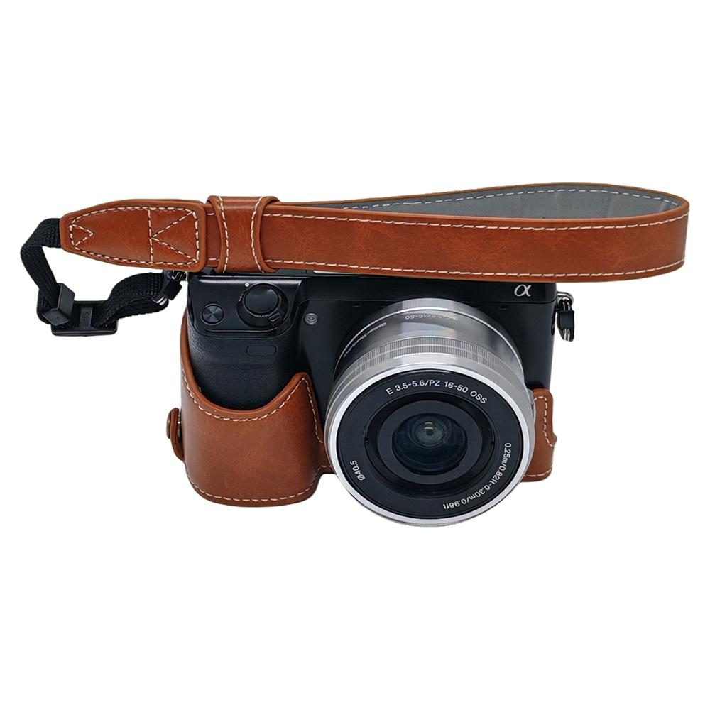 For Sony NEX-7/NEX-6 PU Leather Camera Case Battery Opening Design Half Body Cover with Hand Strap