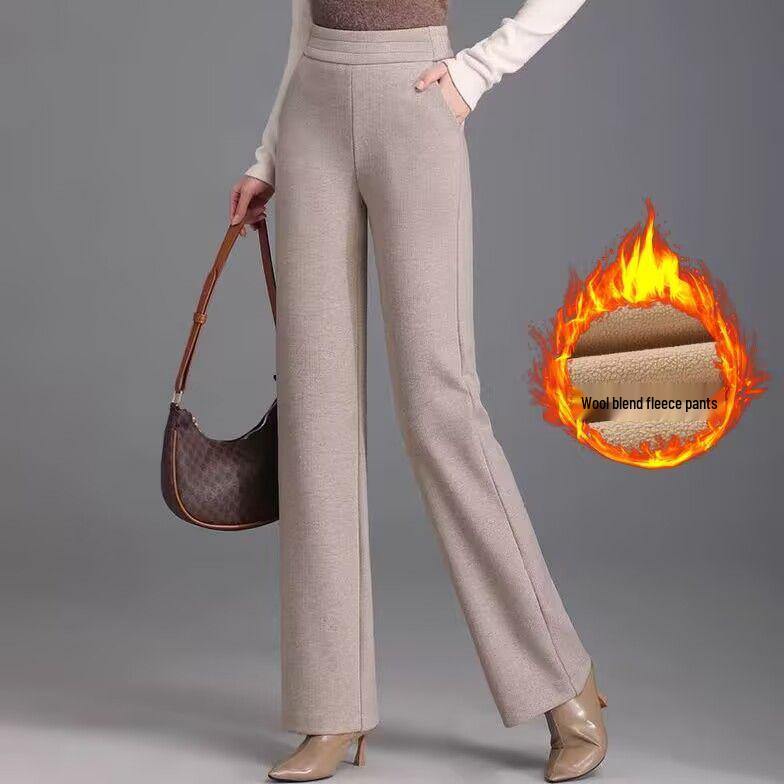 Pantalones de Lana de Cintura Alta con Terciopelo para Mujer Talla Grande - Gruesos, Adelgazantes, Corte Holgado para Otoño e Invierno