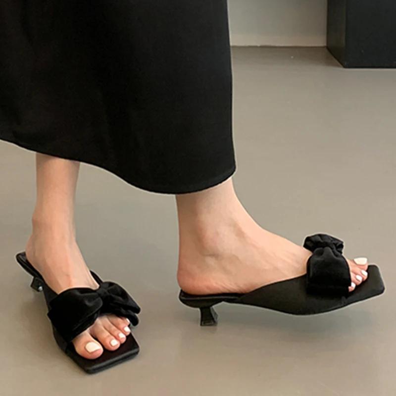 Fashion Bow Women Heeled Slippers Fashion Dress Shoes Summer Luxury Sandals Woman 2025 Beach Flip Flops Party Elegant Chaussure Femme