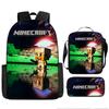 Minecraft Cartoon Print Backpack Set 3-Piece Student School Bag Water-Resistant Large Capacity Unisex
