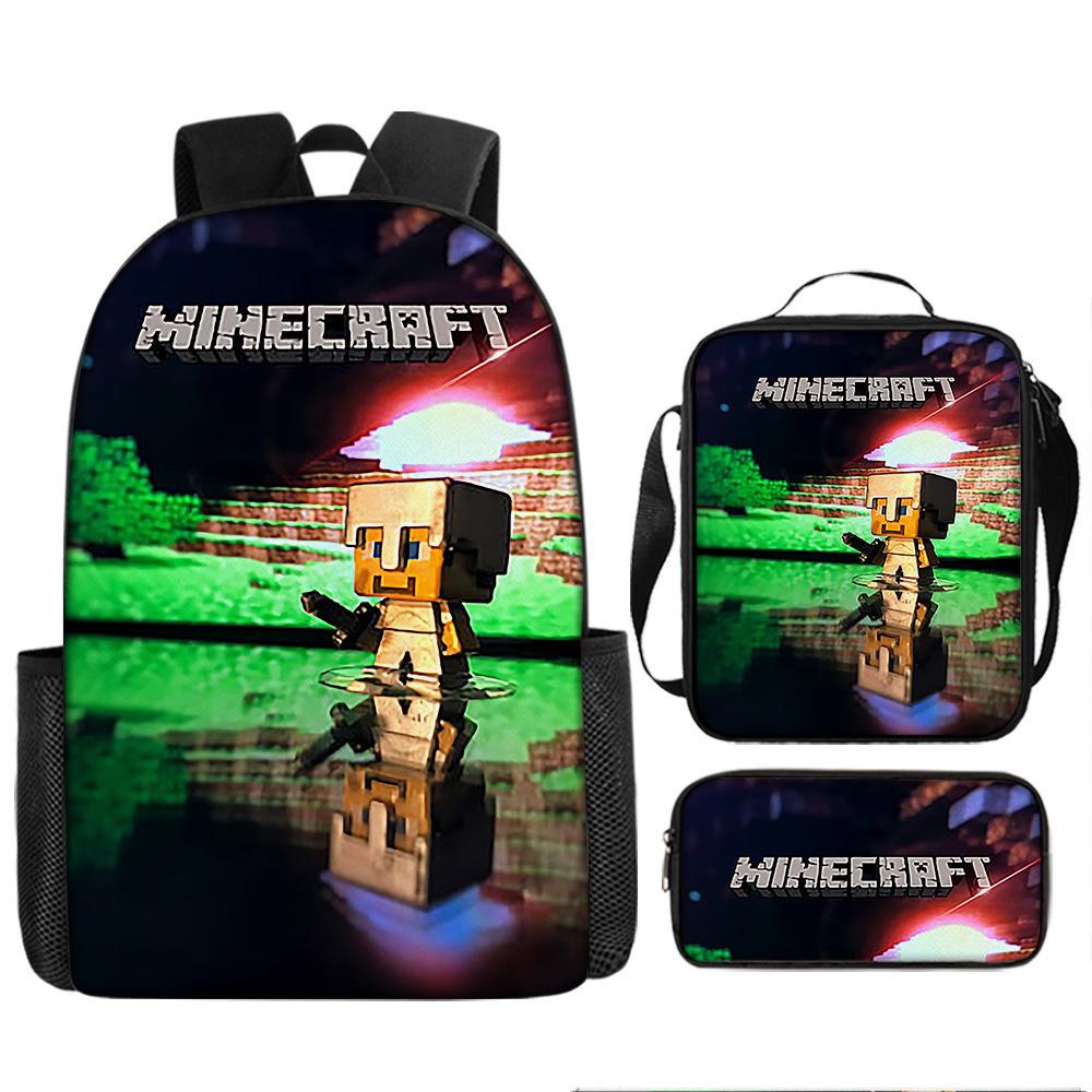 Minecraft Cartoon Print Backpack Set 3-Piece Student School Bag Water-Resistant Large Capacity Unisex