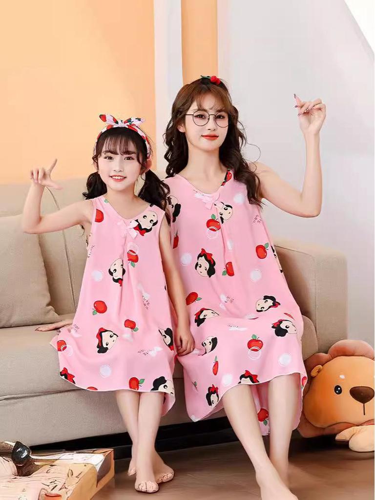 Mother-Daughter Cotton Silk Sleeveless Nightgown for Girls: Wide Shoulder Home Dress