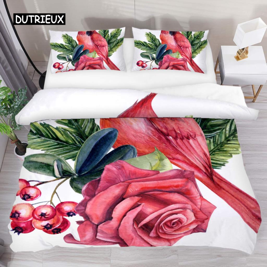 Kardinal Bettbezug Set Roter Vogel Bettwäsche Set für Kind Jugendliche Kiefer Baum Bettdeckenbezug Tier Schnee King Size Weicher Steppdeckenbezug