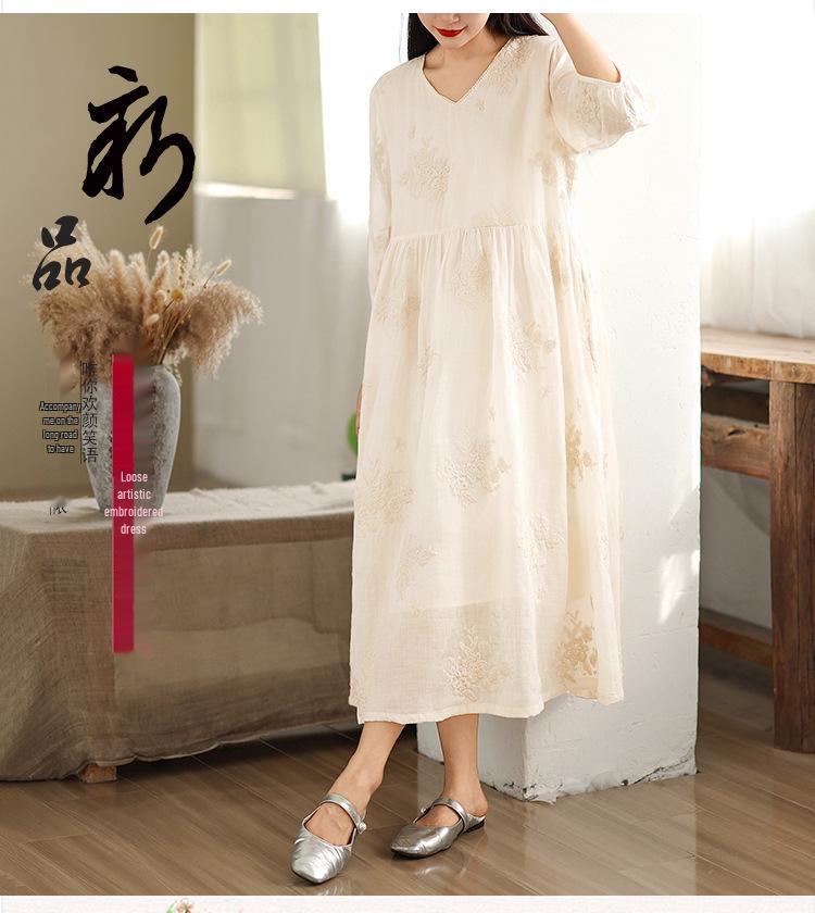 Elegant French Fairy Dress - Women's Heavy Embroidery Ramie Long White Dress