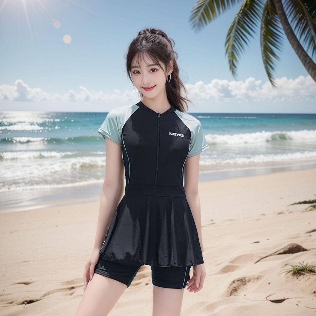 Korean Style Color Block Slimming One-Piece Skirt Swimsuit for Women - Sporty, Conservative, Beach Vacation Cover-up