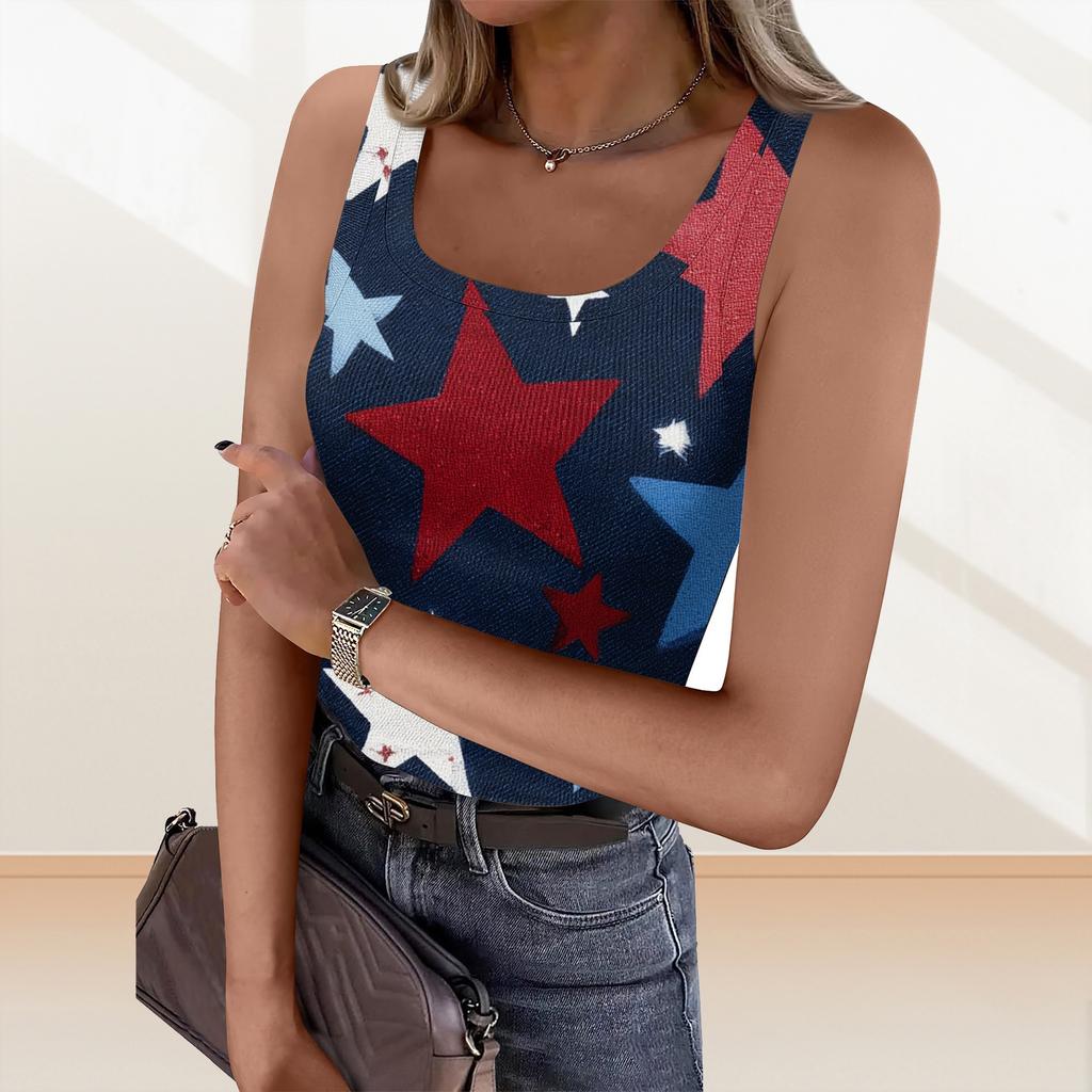 Women's Summer Fashionable Casual Independence Day Printed Round Neck Sleeveless Top Fitted Vest