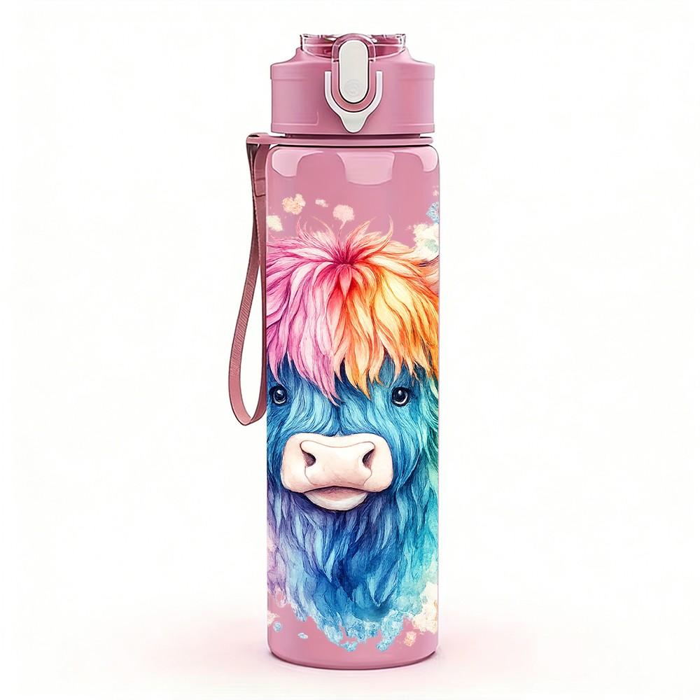 1PC Highland Cow Color Splash Art Print 750ml Color Plastic Sports Water Bottle Leakproof Flip Straw Lid Suitable for Sports Office Home Use