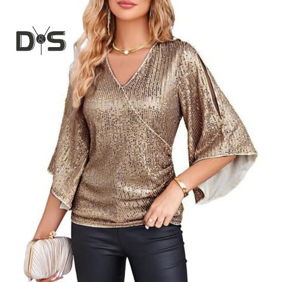 Women Top Shiny Sequin Hollow Out Three Quarter Horn Sleeve Solid Color V Neck Loose Pullover Soft Breathable Lady Commute Prom Blouse
