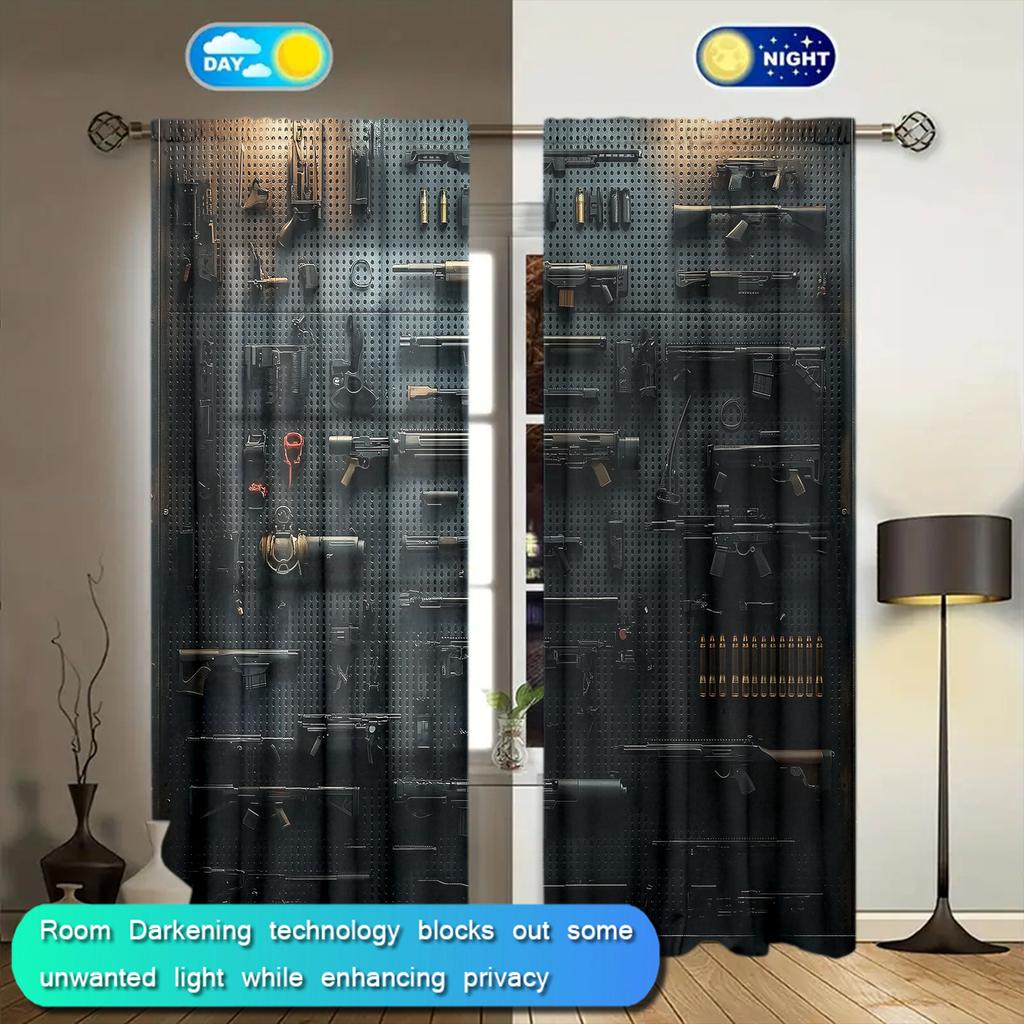 2pcs Gun Wall Printed Curtain for Home Decor - Rod Pocket Window Treatment for Bedroom, Office, Kitchen, Living Room, and Study