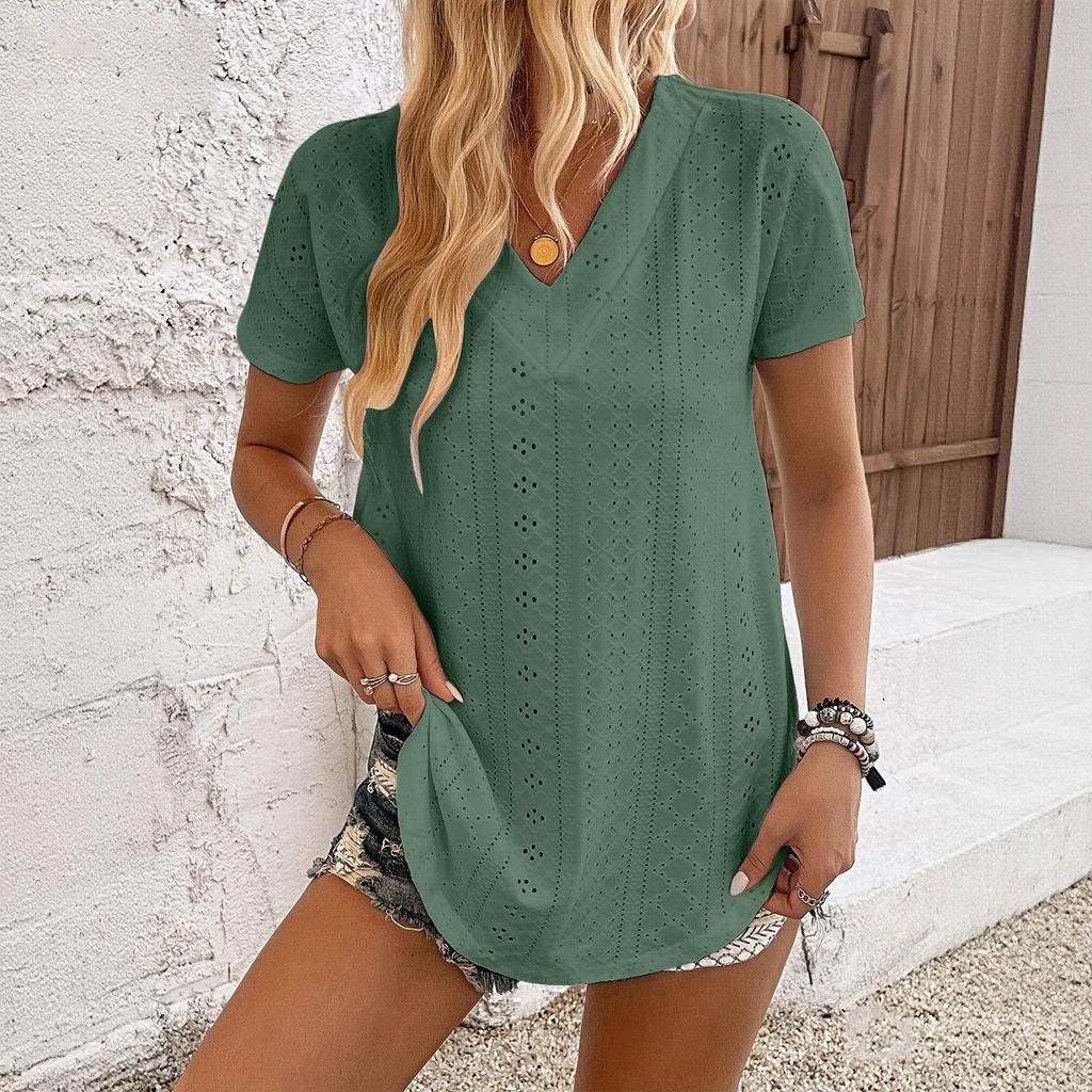 Short Sleeve Blouses for Women V Neck Eyelet Knit Women's Short Sleeve Tops Casual Loose Fit Womens Short Sleeve Blouses