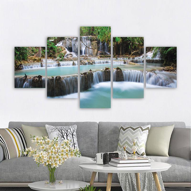 5 Panels Landscape Waterfall Posters and Prints Canvas Painting Wall Art Pictures Living Room Home Decor Lake Tree No Frame