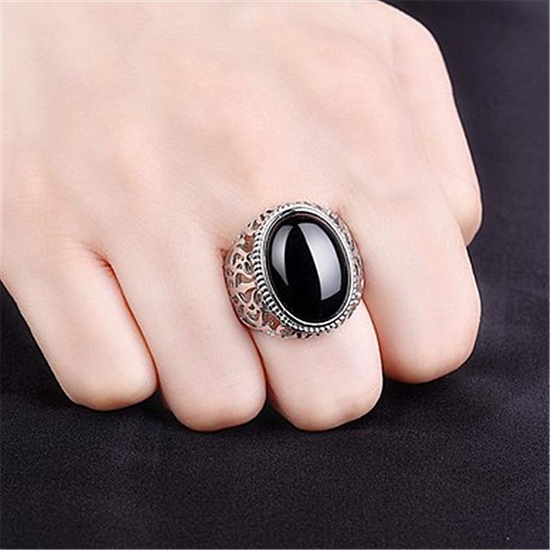 Men's Black Agate Chalcedony Diamond Ring - Hollow Pattern, Simple & Fashionable Open Design