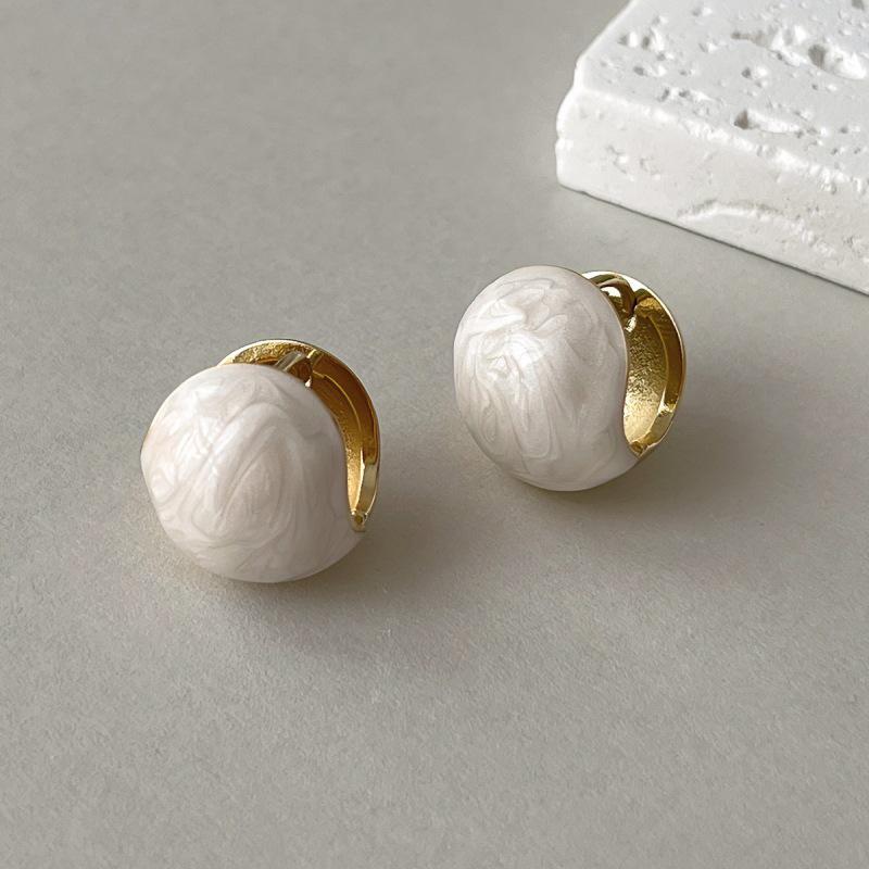 3D White Enamel Ball Earrings: Korean Style, High-End Feel, Niche Design for Women.