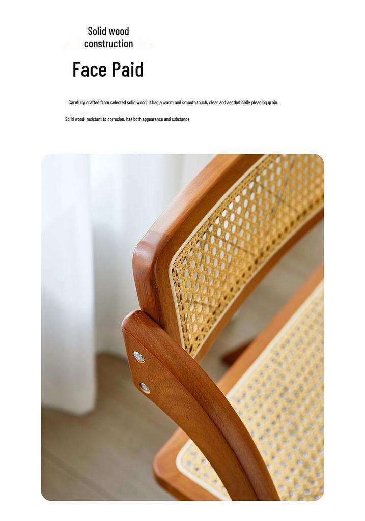Wicker Folding Chair with Backrest - Solid Wood Casual Dining or Living Room Stool