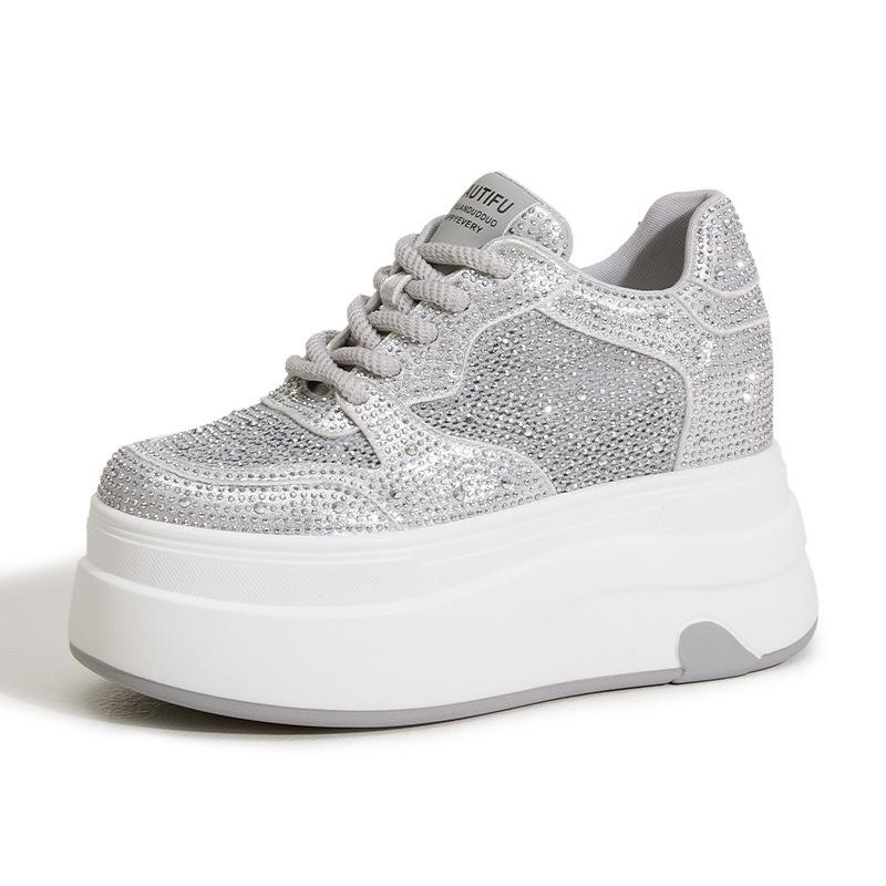 

Little white shoes women s 2025 new summer muffin thick-soled inner height-increasing women s shoes rhinestone mesh breathable versatile casual shoes 39 срібний