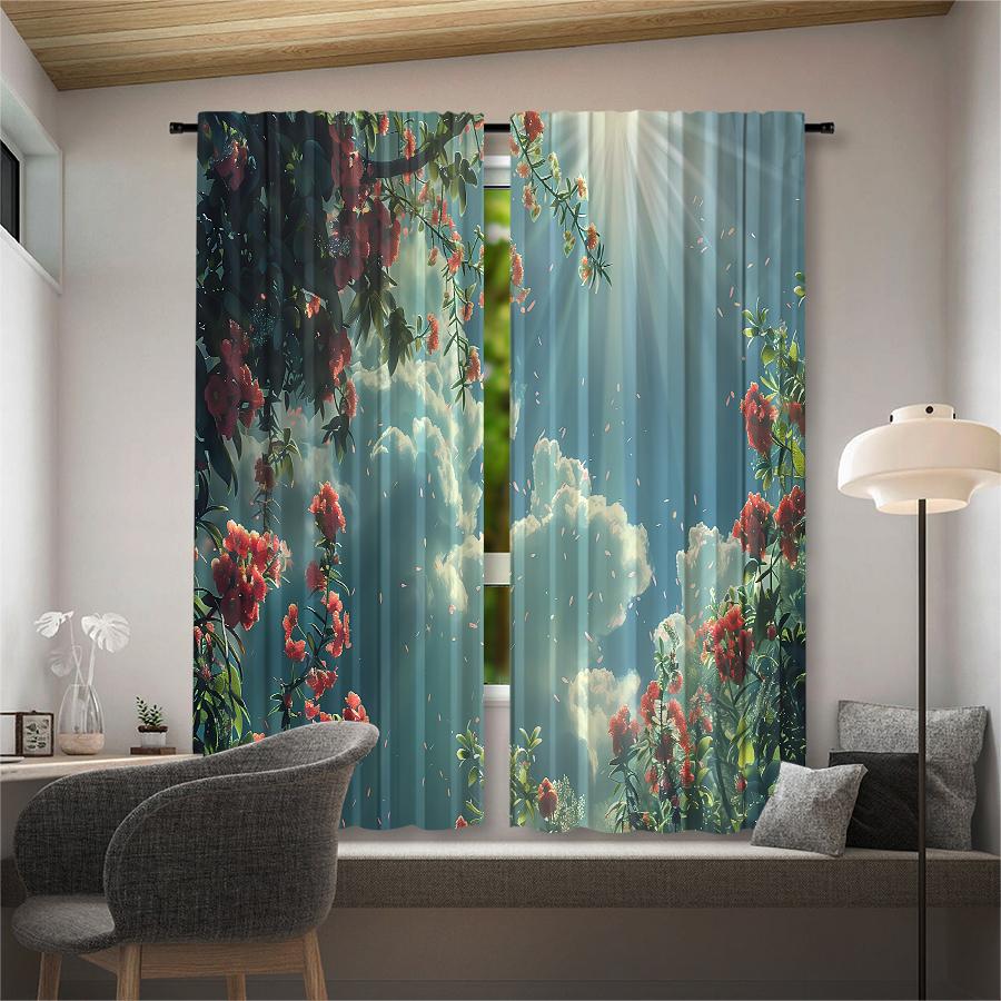2 Pcs Flowers and the Sky print curtains,suitable for bedroom,living room kitchen decoration,home decoration,window decoration