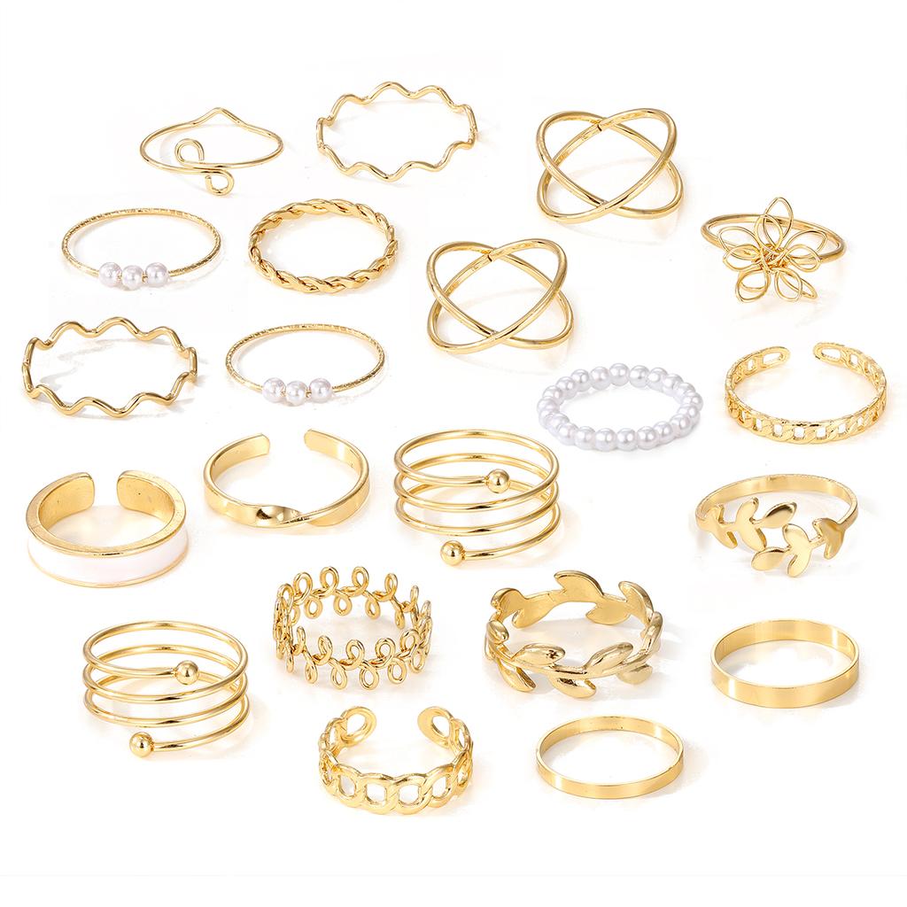 2023 Anello Moda Foglia Goccia Spirale Perla Set da 21 Pezzi Anello Intrecciato Foglia Oro Set da 11 Pezzi Gioielli Ragazze Studentesse Lusso Festa Elegante Glamour Sexy