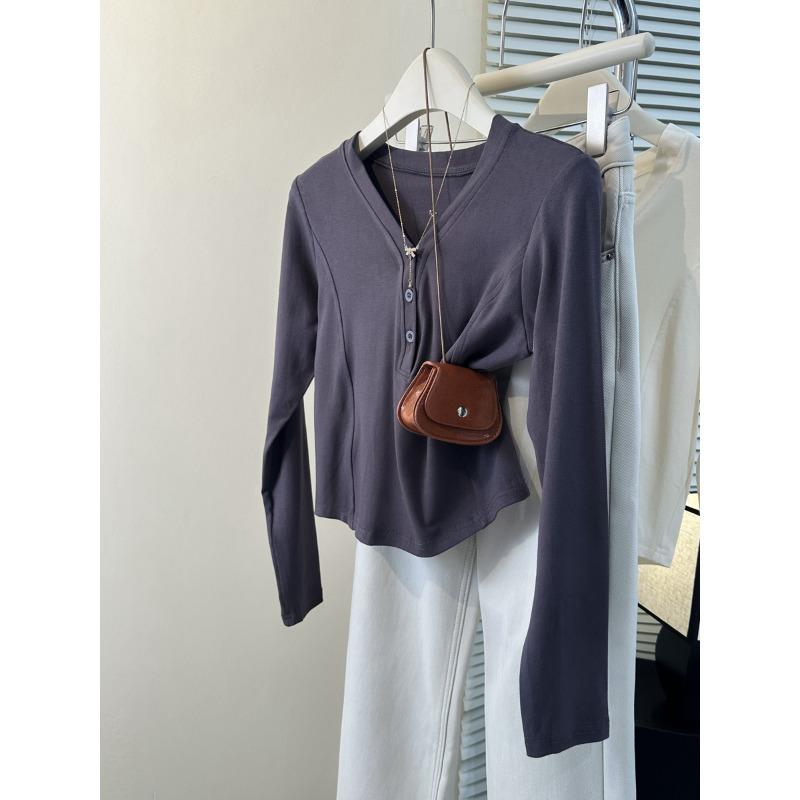 

Real shot cotton solid color short button long sleeve T-shirt women s autumn slim collar front shoulder top XL темно-серого