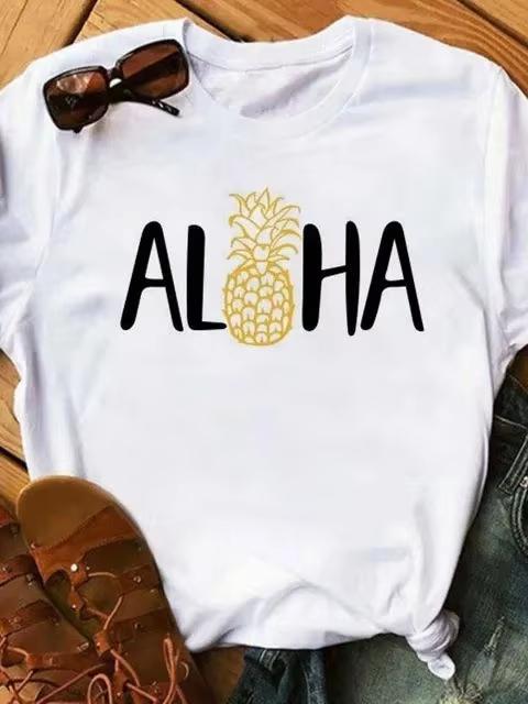 ALOHA with Tropical Flowers Womens Sports Short Sleeve TShirt Summer Short Sleeved Harajuku Streetwear Tops Aesthetic Clothes