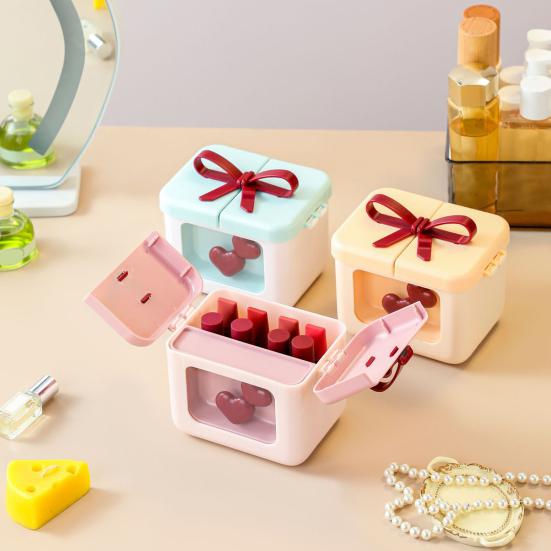 Yousheng Cute Lipstick Storage Box Small Makeup Case with Bowknot Lid Red Hearts 8 Slots Cosmetic Organizer for Lip Rouge Lip Balm Nail Polish
