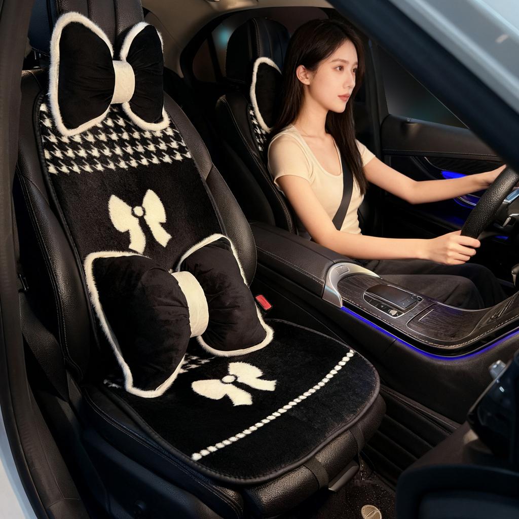 Car Seat Cushion Winter Warm Thick Plush Bow Tie Car Seat Cover Pad Universal Seat Supports Lumbar Support Pillow Car Headrest