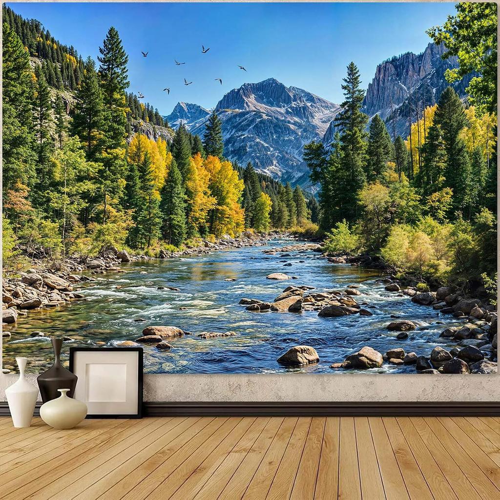 AMM Nature Forest Mountain Tapestry Green Pine Tree Tapestry for Bedroom Aesthetic Flowing River Landscape Tapestries Wa