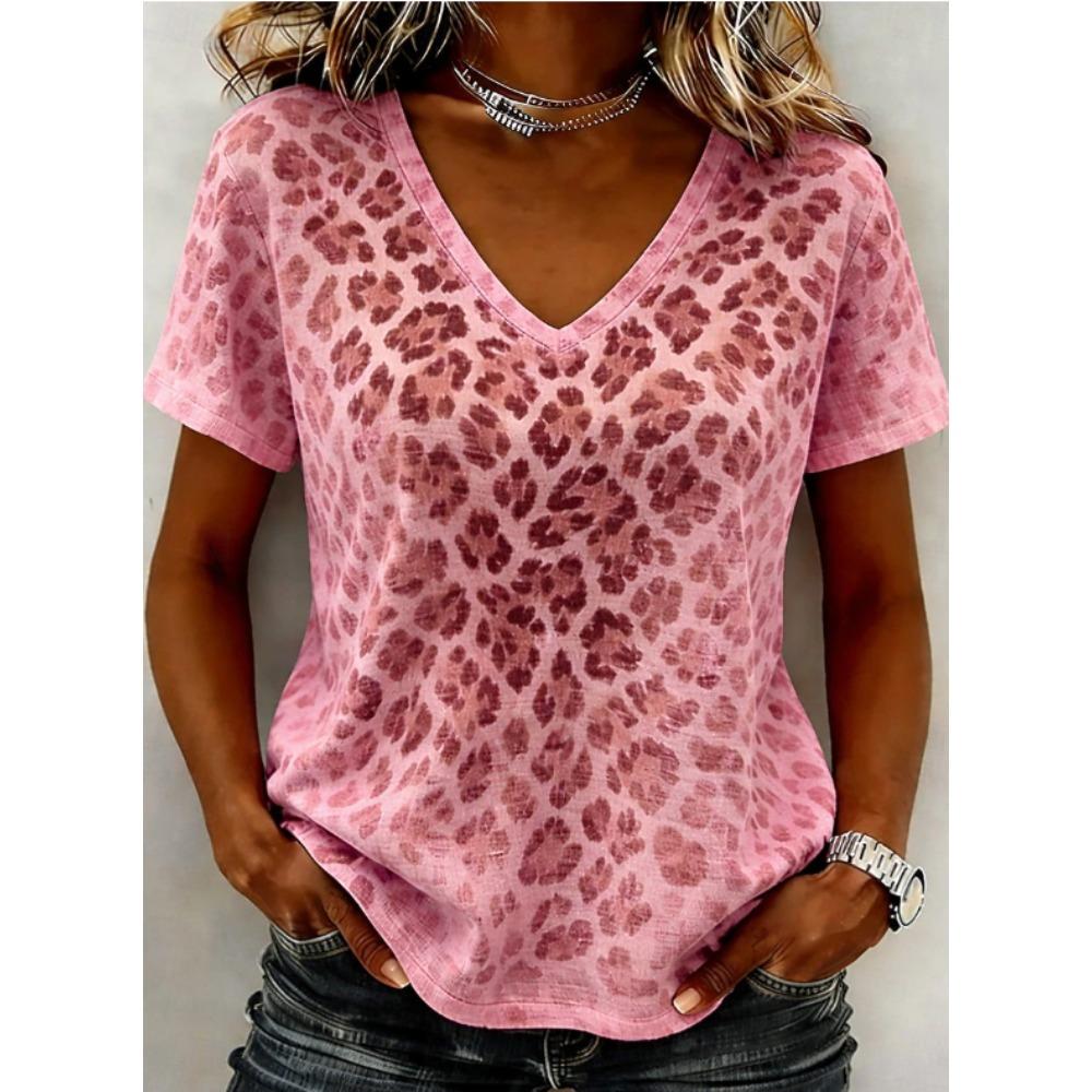 Women Summer T Shirt Leopard Print Short Sleeve Tees Casual Printed Tops