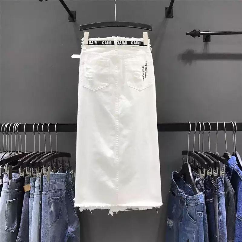 Frauen Frühling und Herbst Casual Hohe Taille Jeans Rock Brief Loch Weiß Paket Hüfte Denim Rock