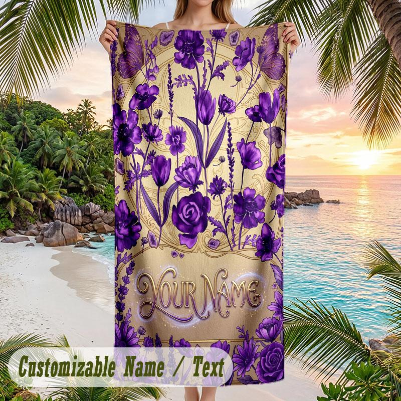 Purple Floral Art Theme Quick Dry Beach Towel Custom Name Text Print Large Sand Resistant Towel Beach Vacation