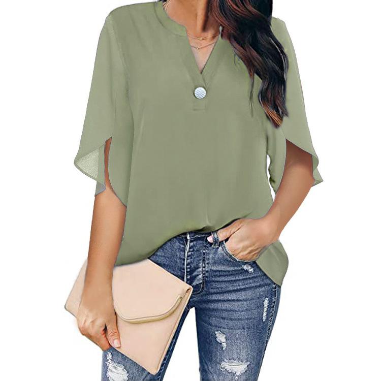 

Summer Women 1/2 Sleeves T-shirt Elegant Casual Solid V-Neck Chiffon Shirt Female Tops XXXL