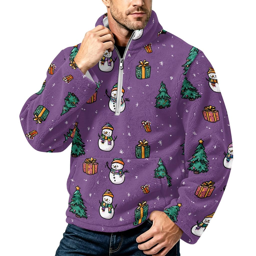 Men's Christmas Print Flannel Zip-Up Sweatshirt with Stand Collar, Plus Size Casual Top for Fall Winter