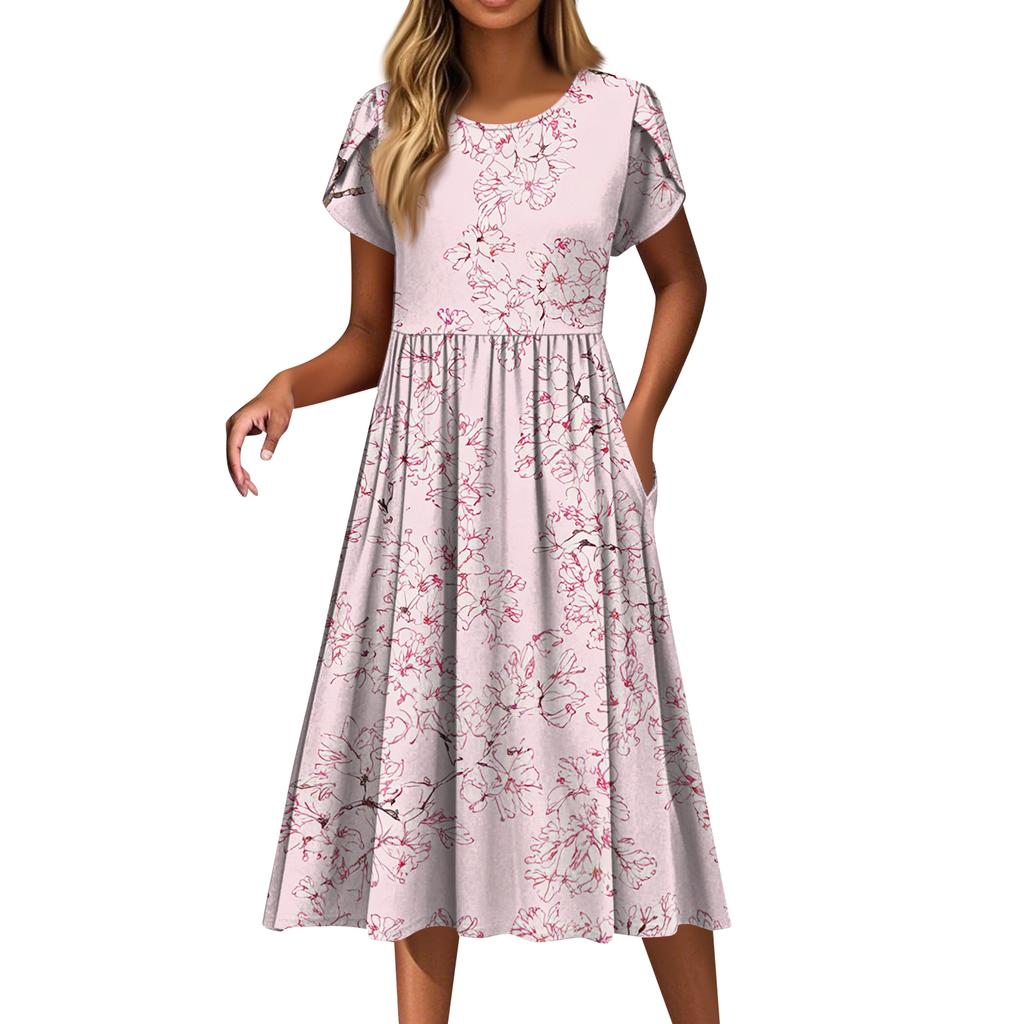Women's Fashion Casual Loose Floral Print Round Neck Pocket Short Sleeve Dress