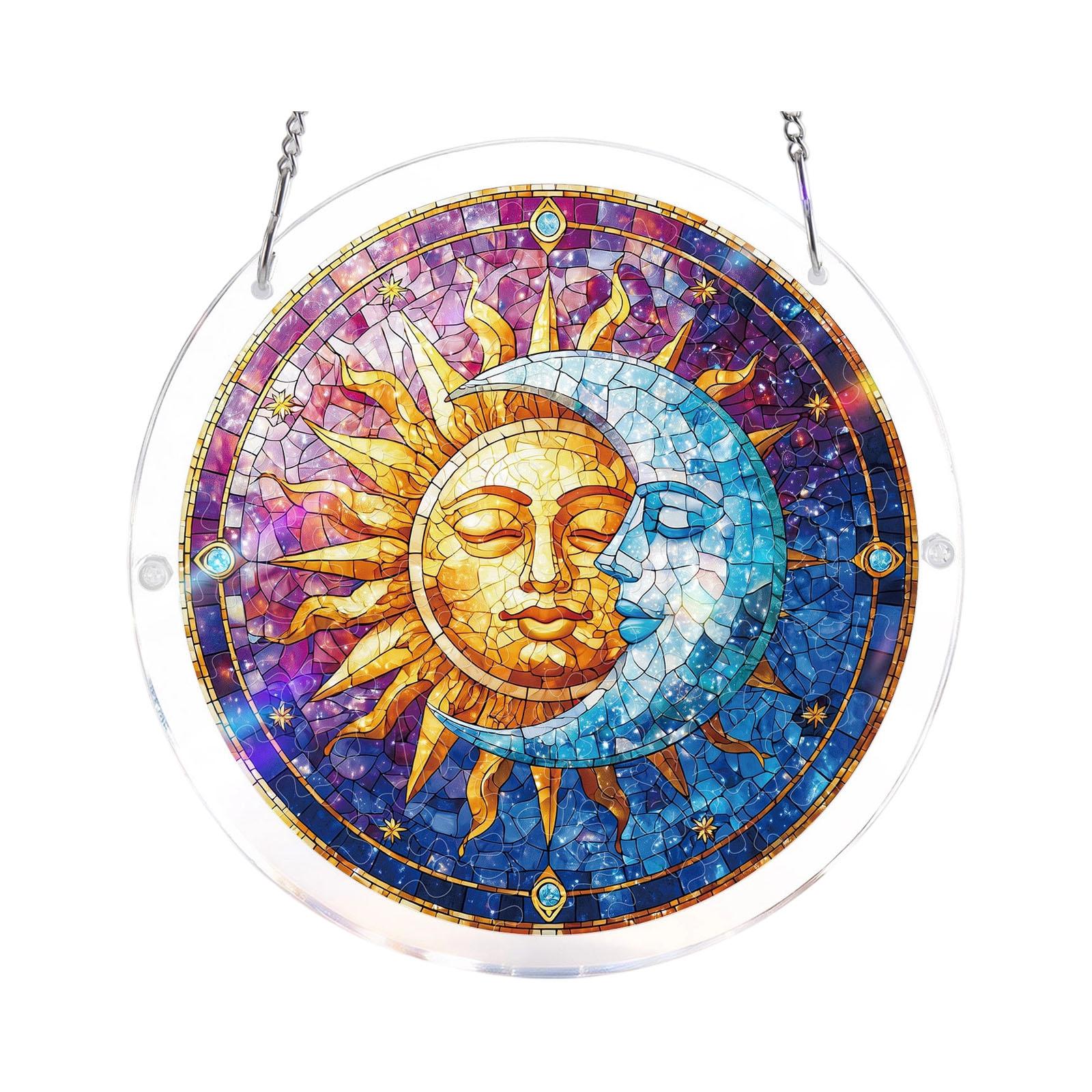 

Round Hanging Stained Glass Sun and Moon Suncatcher Window Panel with Chain for Home Indoor Outdoor Decoration One Size
