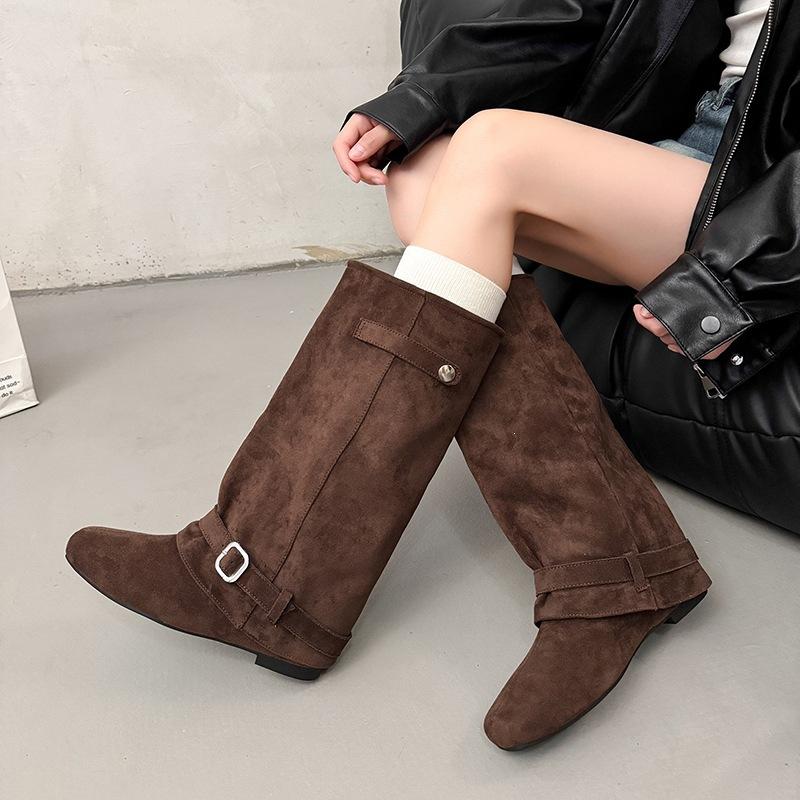 Women's Long Boots Chinese Belt Button Head High Boots New Temperament Knight Boots Autumn Retro Trousers Inner Height Increase