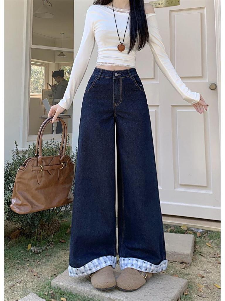 Damen Übergröße Hohe Taille Patchwork Schmetterling Bestickt Weites Bein Jeans