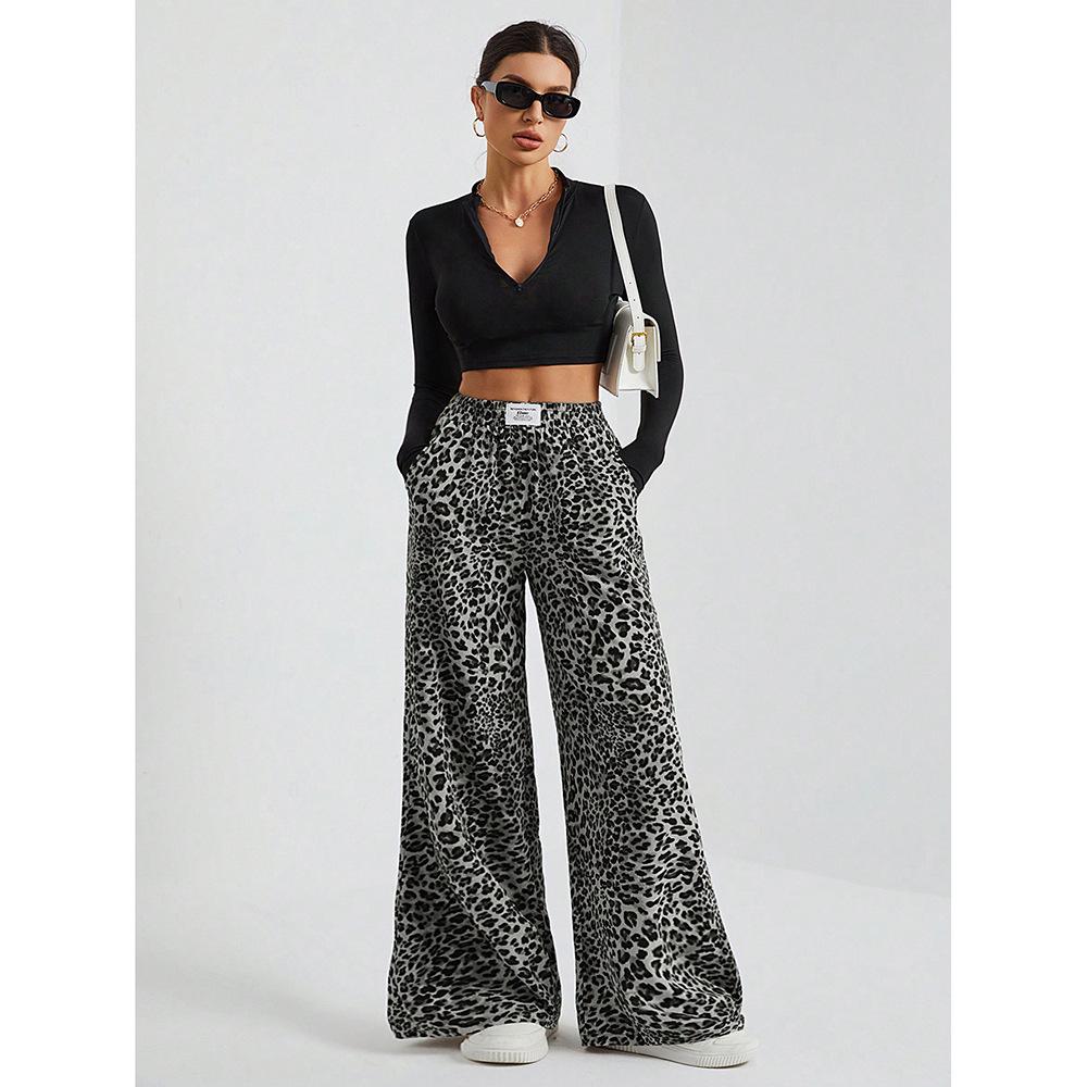 Women's Leopard Print Wide-Leg Casual Pants - Loose, Versatile, Long