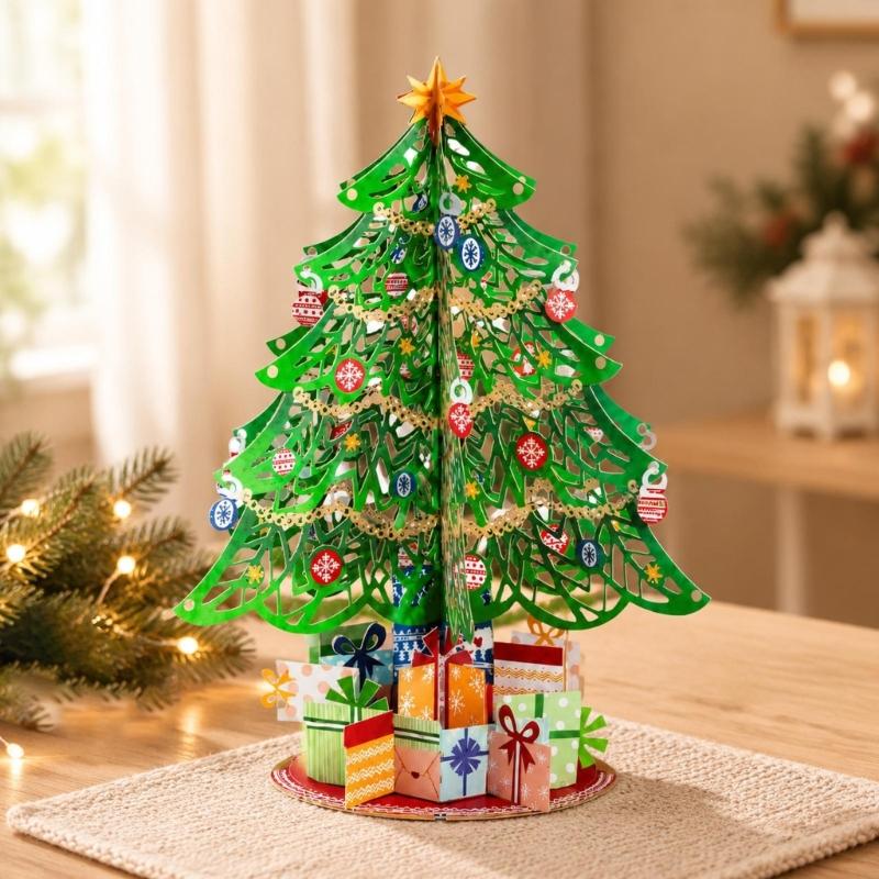 Paper Christmas Greeting Card with 3D Cutout Tree for Written Holiday Blessing Messages, and Freestanding Display, 1 Card Y5GB