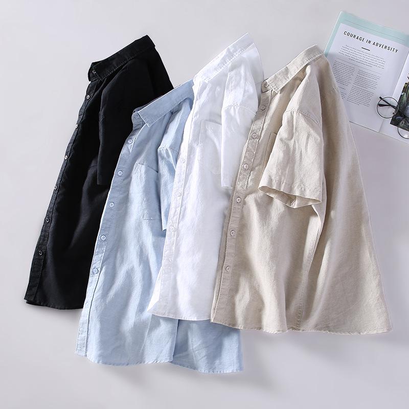 Men's Summer Cotton Linen Pocket Cardigan Square Collar Short Sleeve Casual Shirt